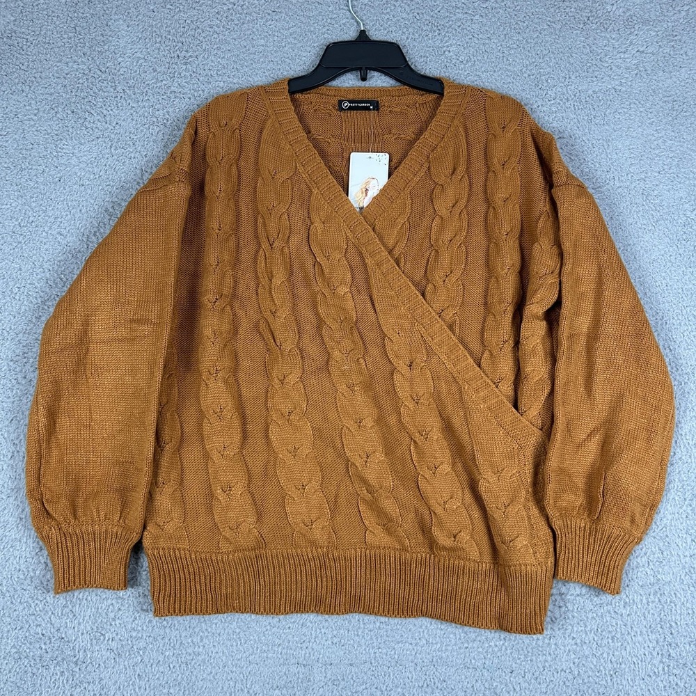 PrettyGarden‎ Sweater Womens Medium Rust Orange Cable Knit Wrap V Neck Pullover